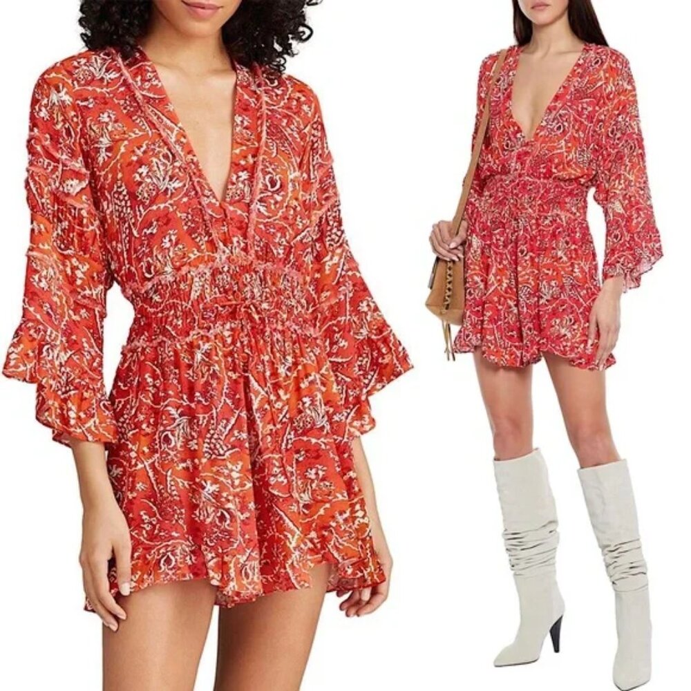 IRO Rhodey Floral Crepe Plunge V-Neck Ruffle Button Up Romper Size 2 EUC Boho
